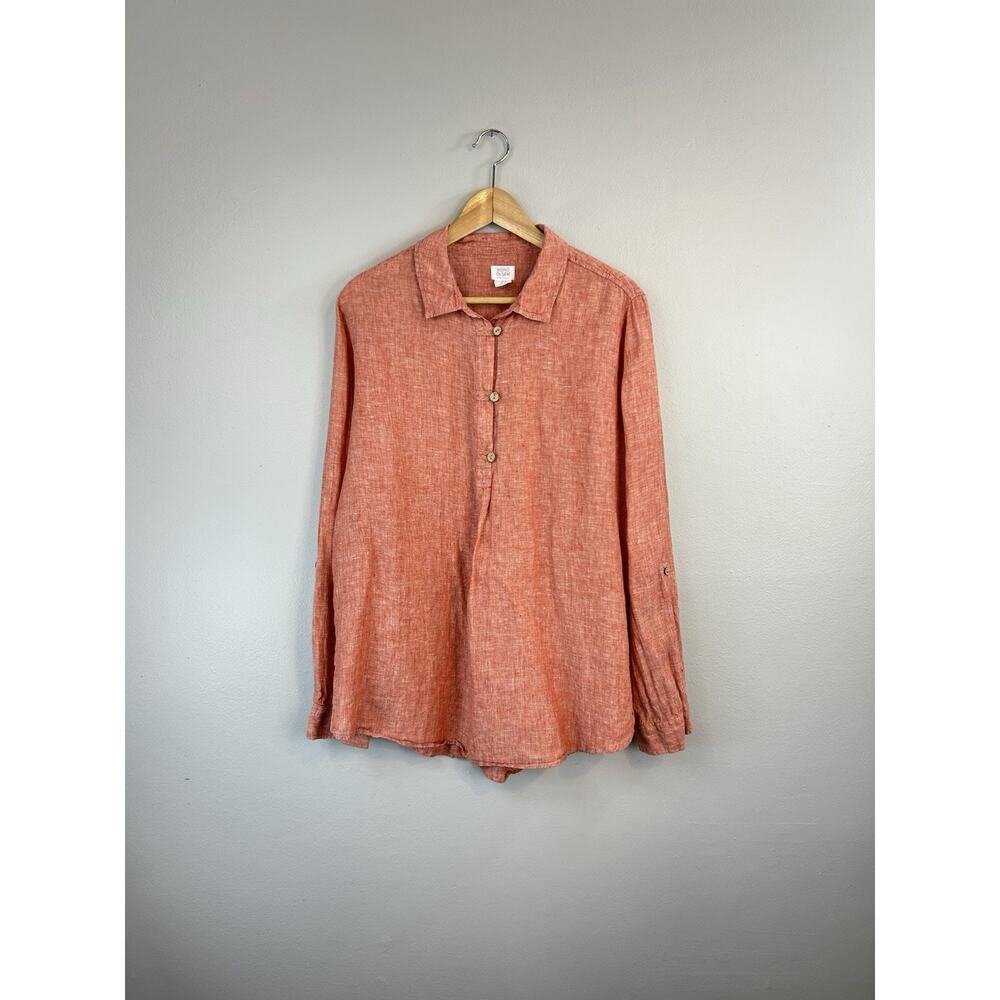 Sigrid Olsen Linen Tunic Top Coral Button Up Long Roll Tab Sleeves XL Lagenlook